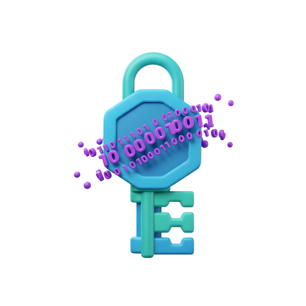 A blue padlock and key is decorated with purple binary code, symbolizing information security and data protection in a technological context. png