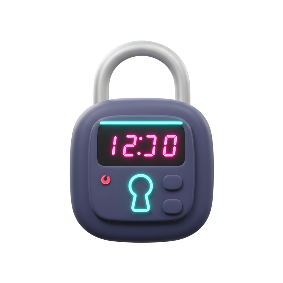 This digital padlock displays a time of 12 30 and a keyhole symbol, suggesting advanced security features for various locking applications. png