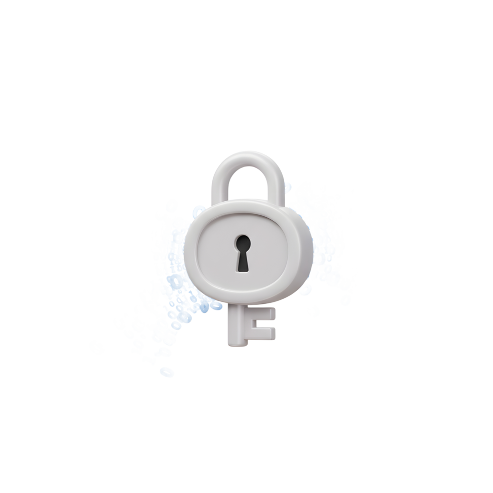 A white key with a padlock is surrounded by floating blue binary code, representing data security and protection. png