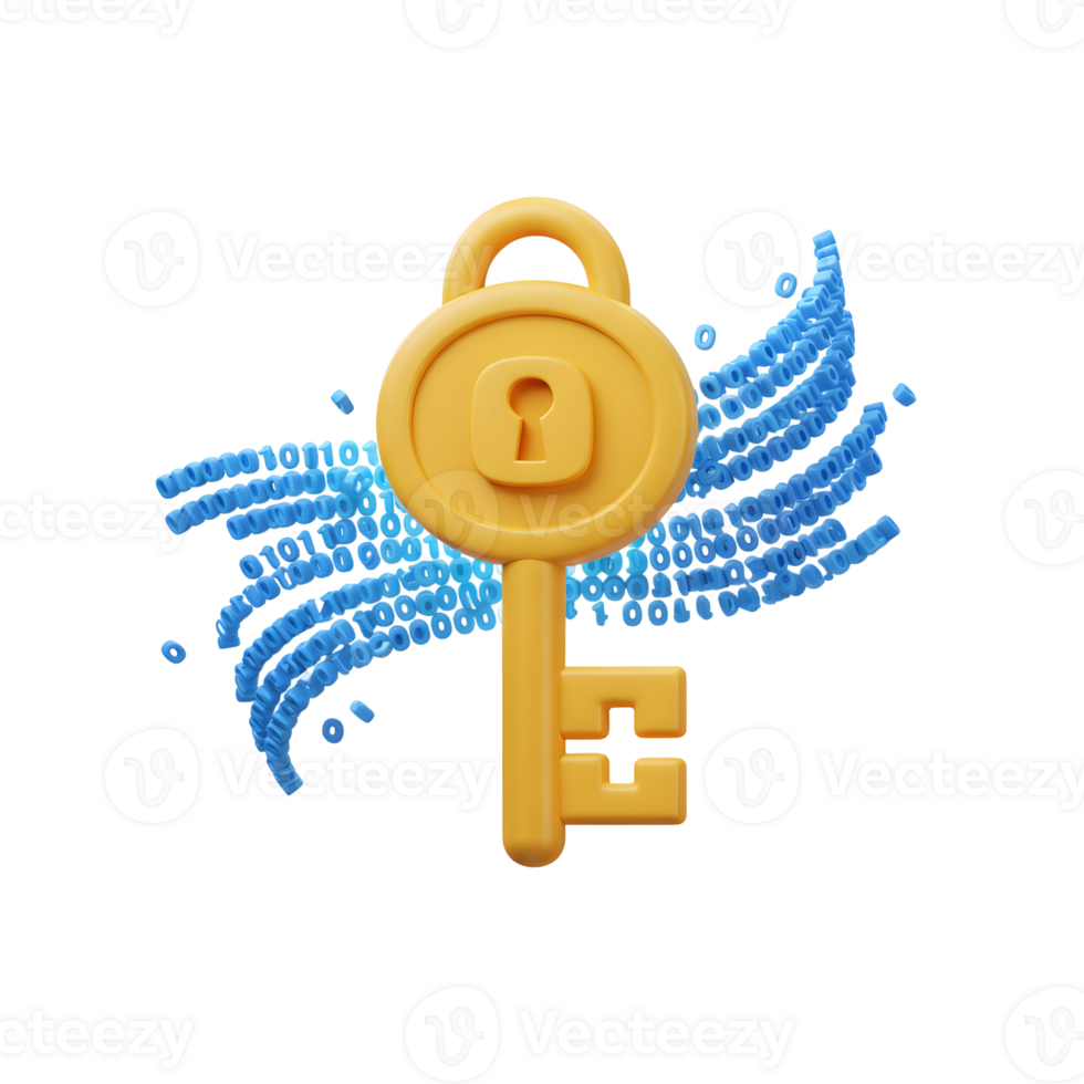 A golden key is displayed in front of a stream of blue binary code, symbolizing digital security and data protection. png