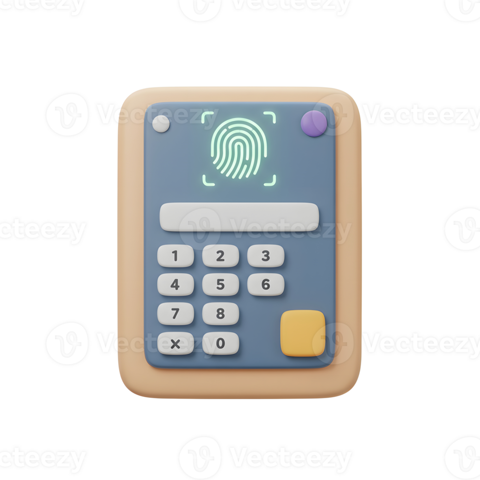 A cute 3D keypad displays a fingerprint scan and numbers, providing a digital security solution for access control. png