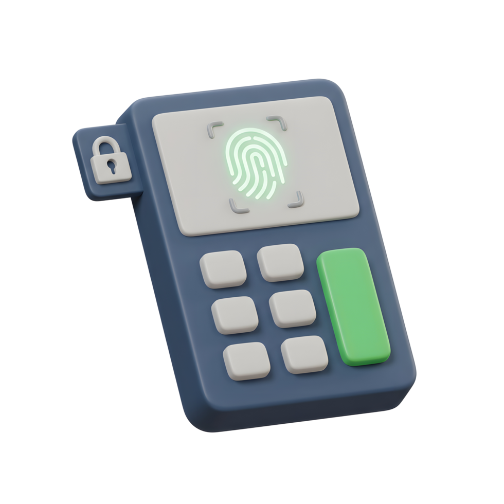 This 3D rendering shows a fingerprint scanner with a visible lock, which can be used for authentication. png