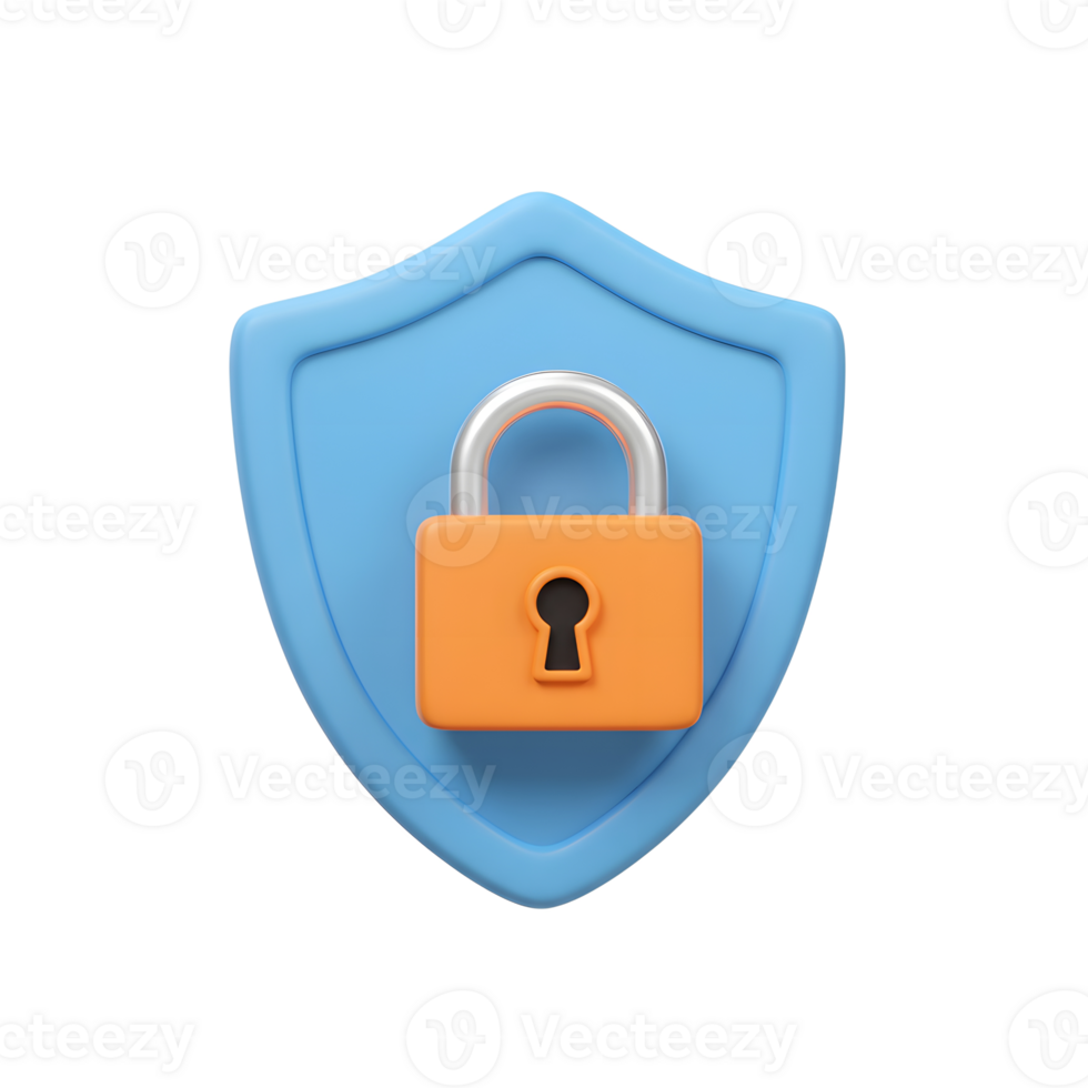 A light blue shield with an orange lock represents security and data protection for online platforms and digital communications. png