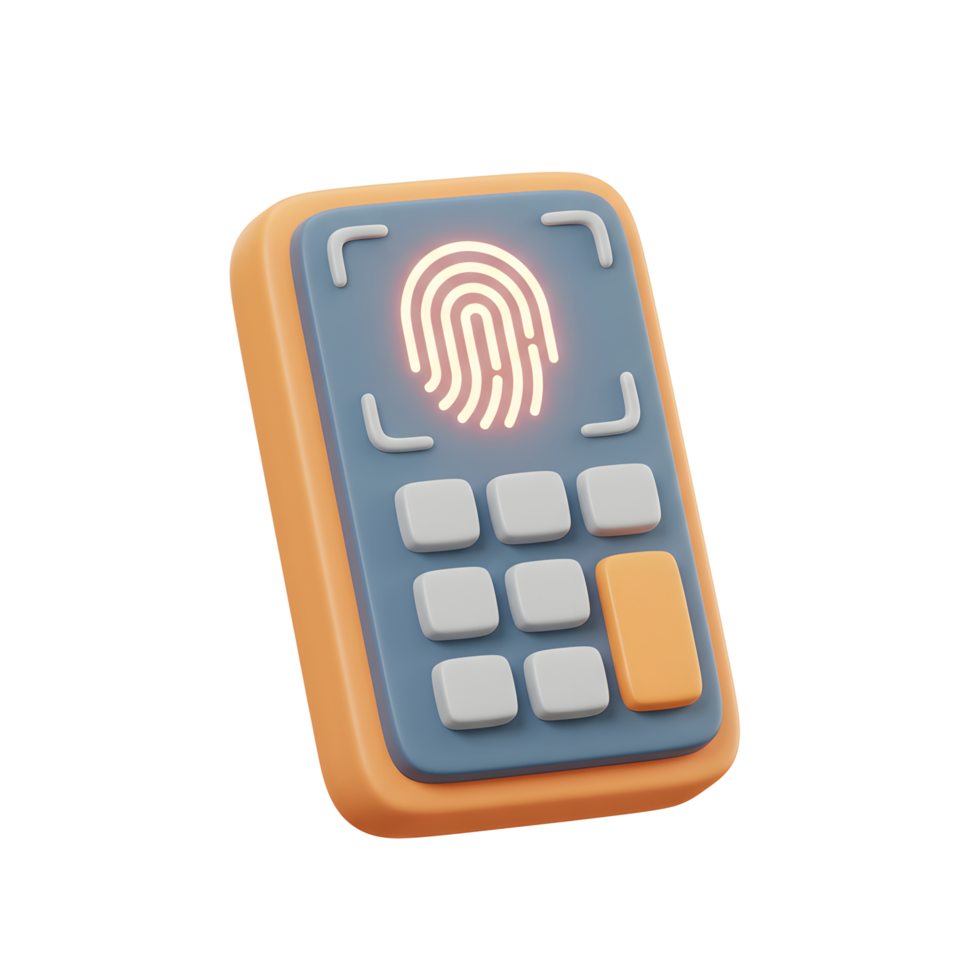This is a 3D rendered illustration of a fingerprint scanner with buttons, perfect for use in secure access or authentication content. png