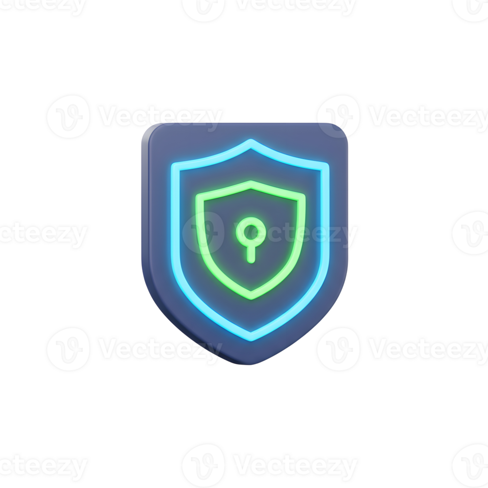 A blue and green neon shield icon on a white background represents digital security to protect data and information online. png