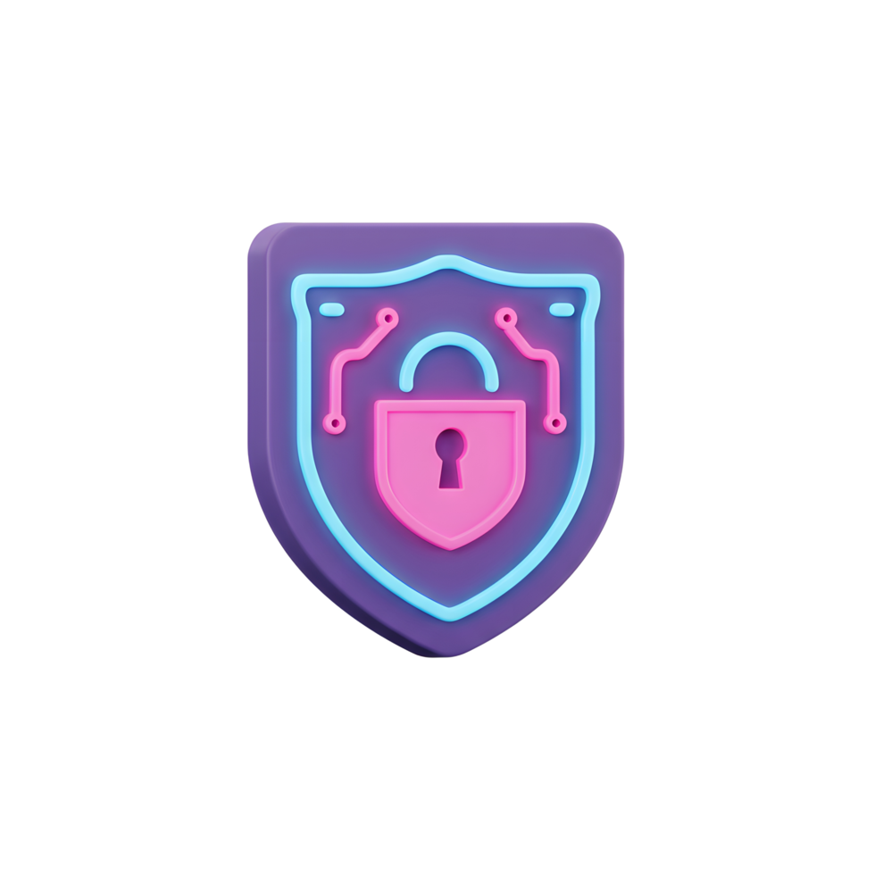 A purple security shield protects data with a pink padlock and a bright neon blue outline, demonstrating online safety. Use it for digital security themes. png