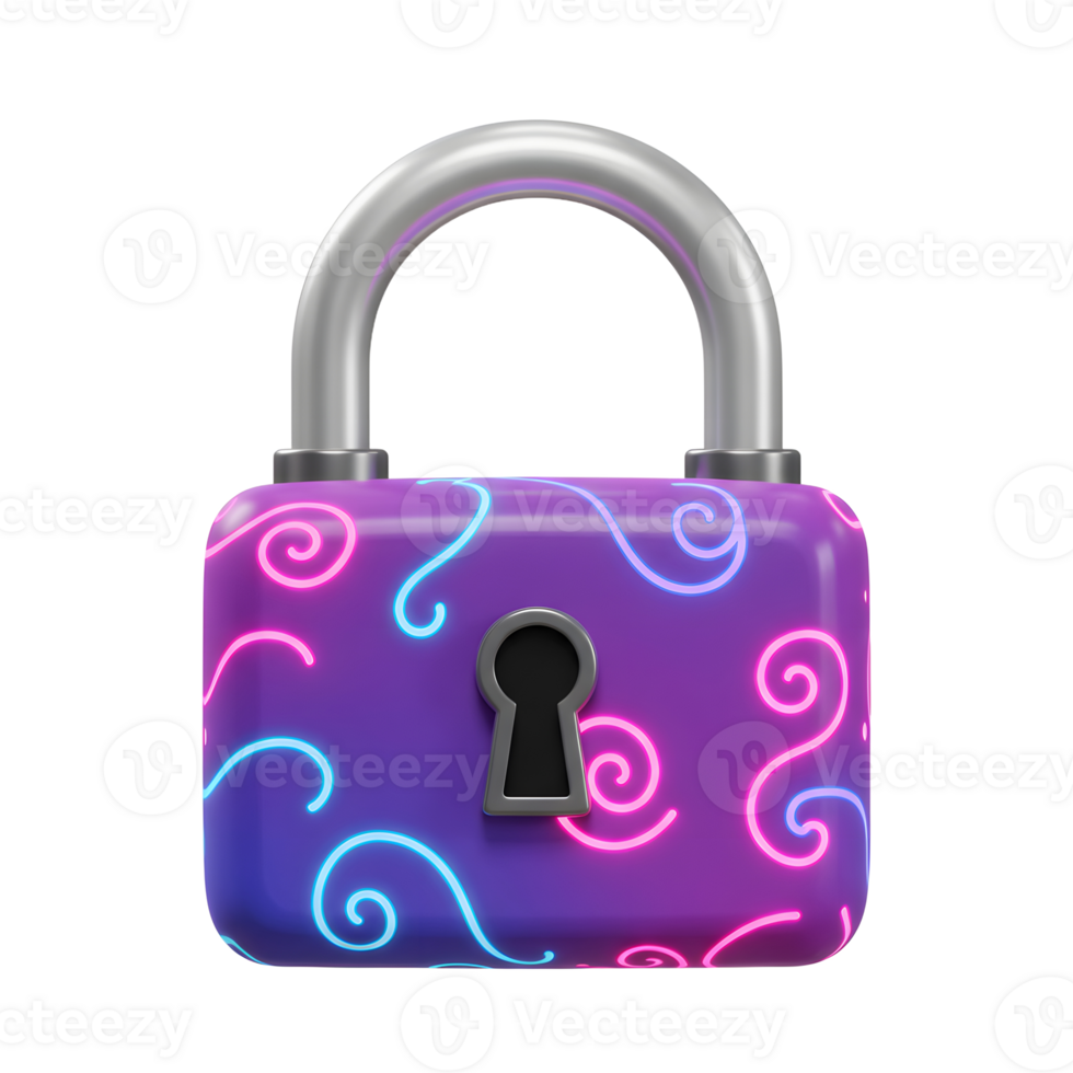 A purple padlock features decorative neon swirls and a silver shackle, symbolizing security and protection for personal belongings. png