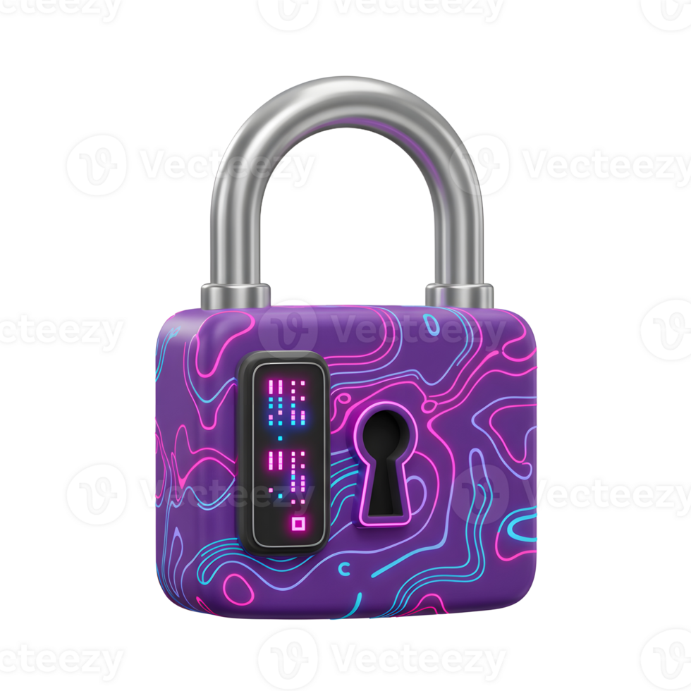 This stylish padlock features a digital lock display and vibrant neon line art for a modern secure accessory. png