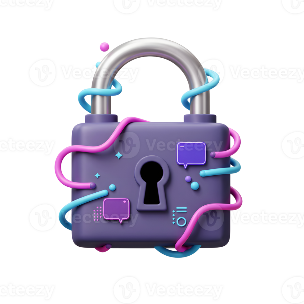 A purple padlock surrounded by message bubbles and pink and blue wires shows secure communication, online data protection and access control. png