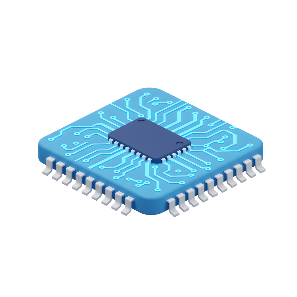 A light blue computer chip is displayed with a blue rectangular central component and circuit design, often used in digital devices. png