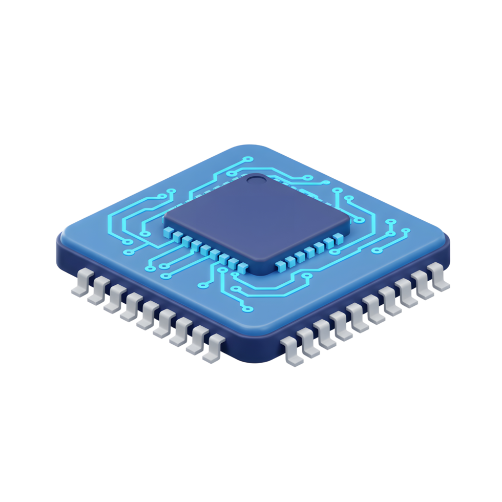 This 3D render shows a blue computer chip with a visible circuit pattern and pins, useful for illustrating technology concepts. png