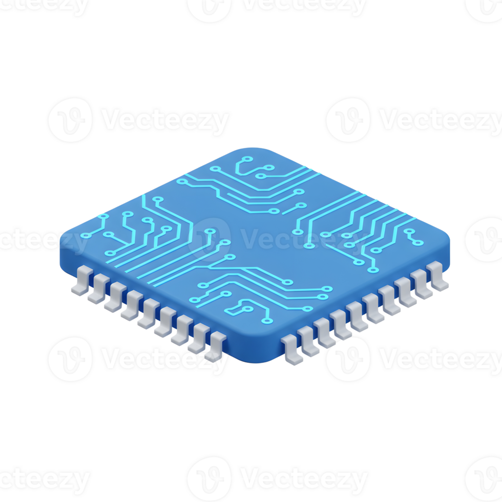 A blue computer chip with a neon circuit board design is displayed, indicating technological applications. png