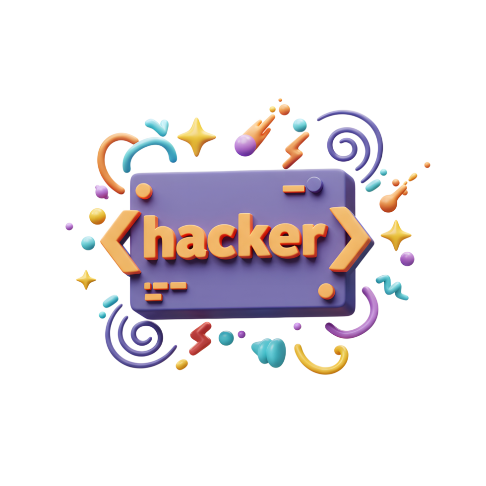 A purple block containing hacker code with colorful elements surrounding it, suitable for digital backgrounds and technology themed art. png