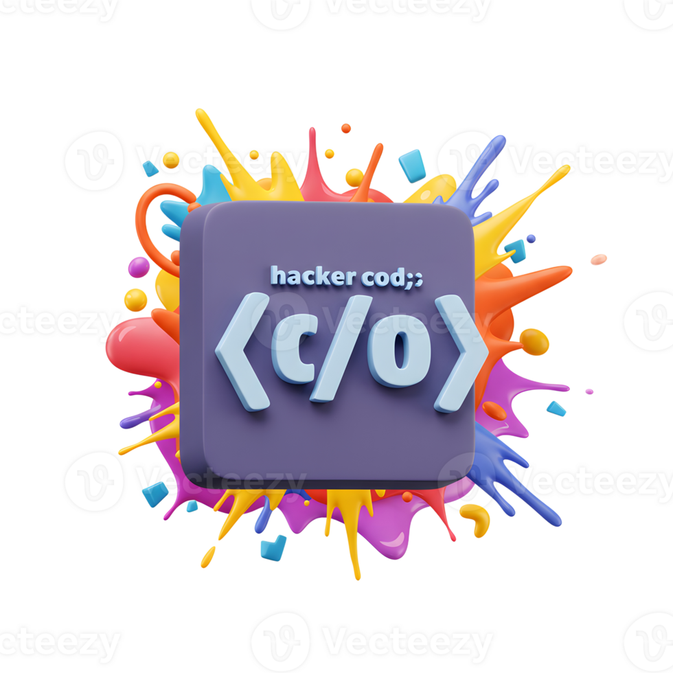 A square graphic displaying hacker code is surrounded by vibrant paint splashes, suggesting a dynamic and creative coding environment. png