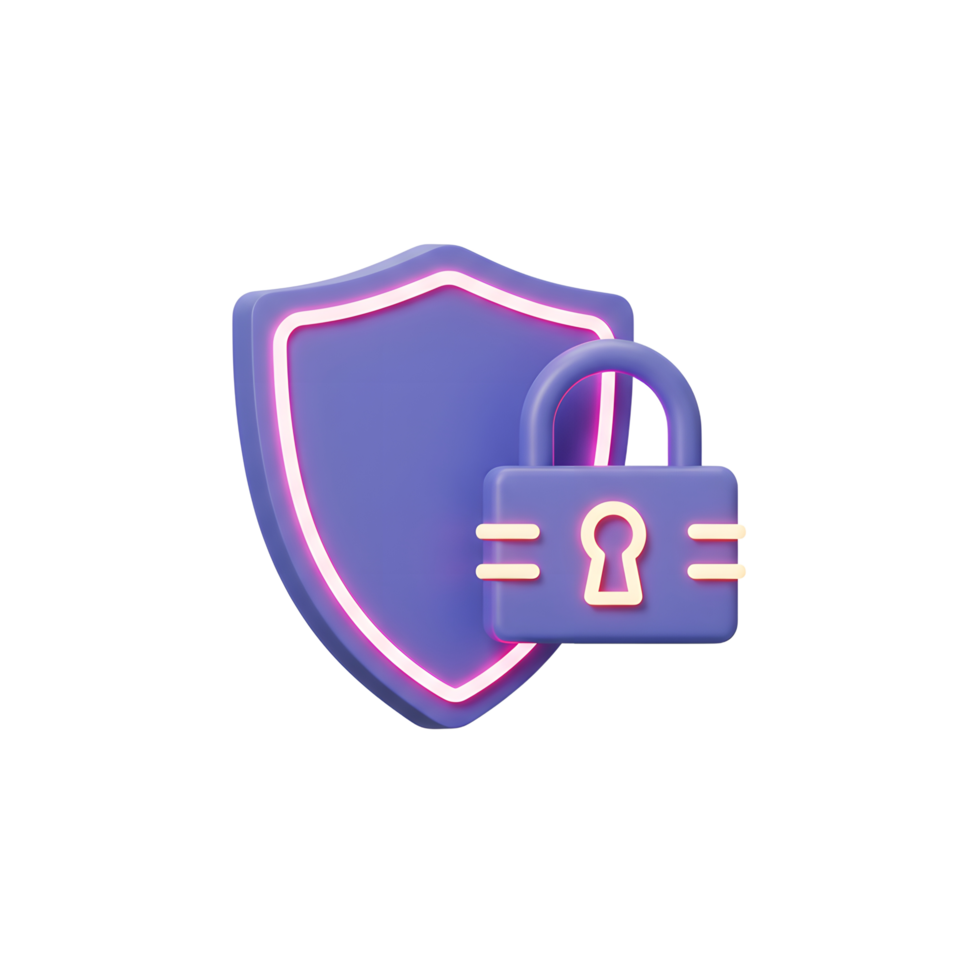 A 3D rendering shows a padlock secured against a shield, symbolizing data security and privacy for digital applications. png