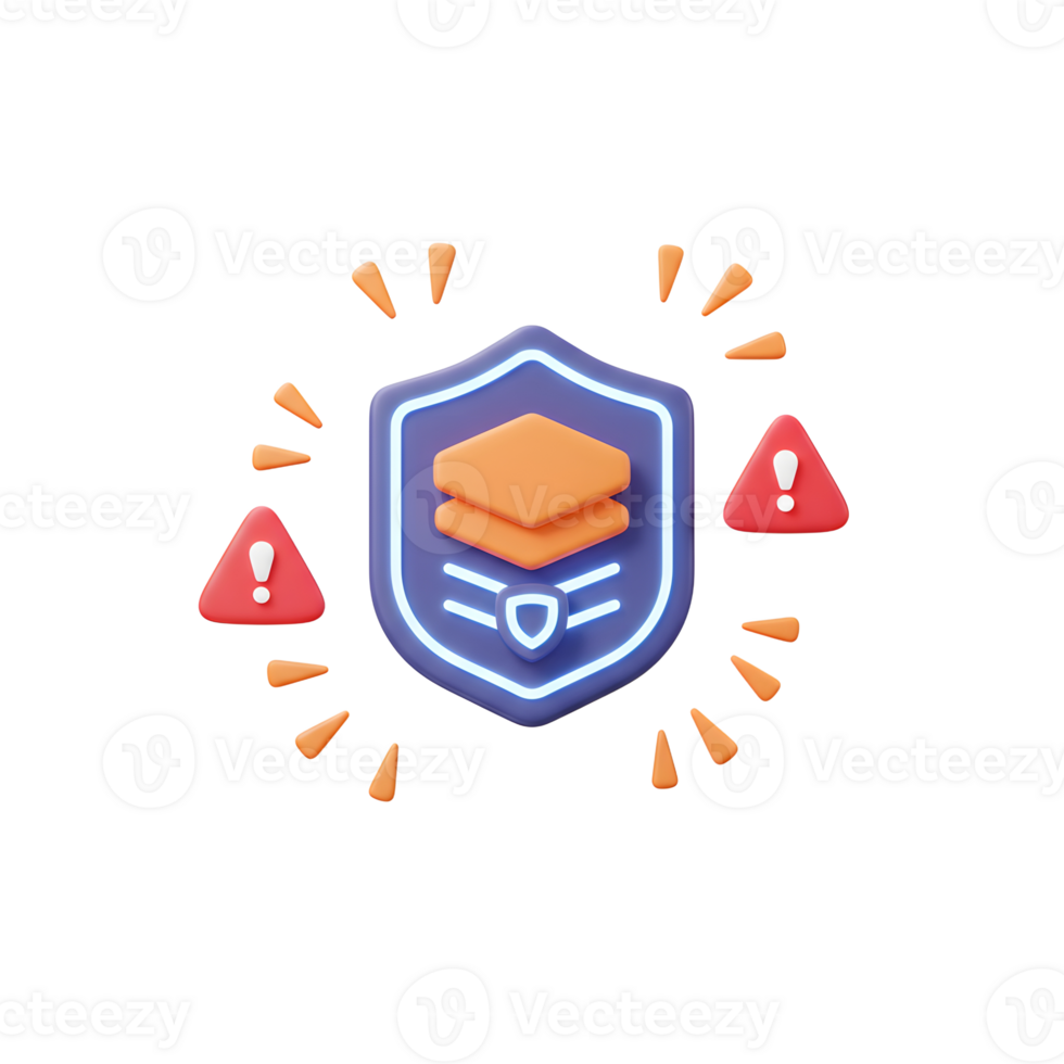 A shield surrounded by warning signs symbolizes data security threats and protection, used to visualize cyber safety concepts. png