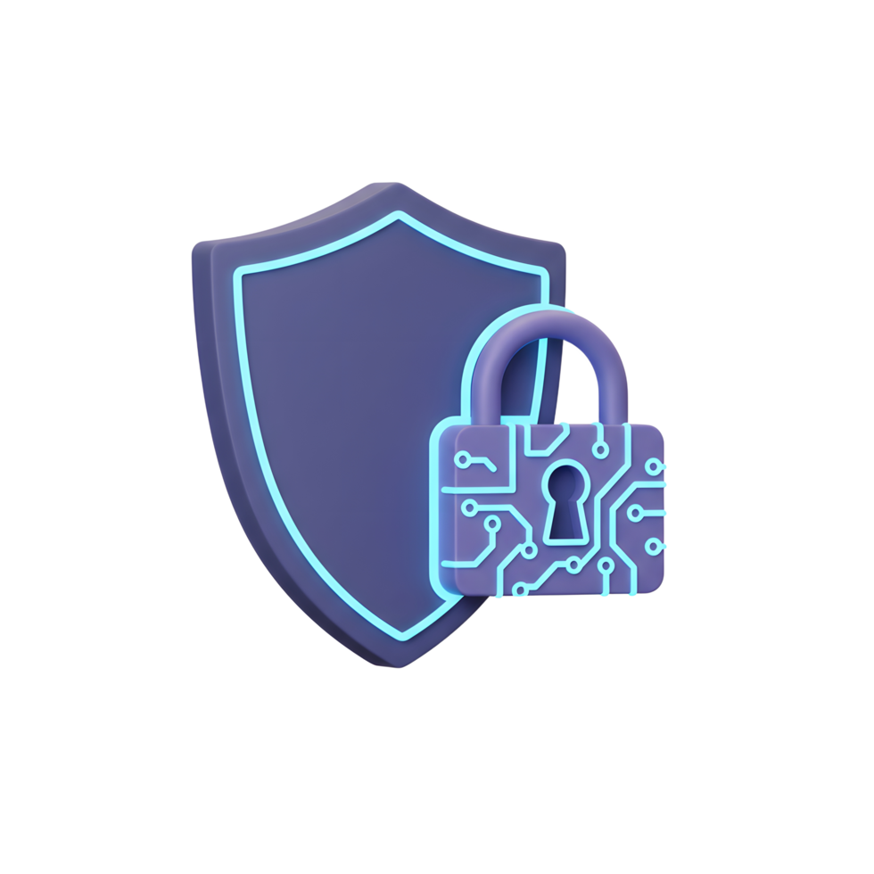 A shield and padlock icon shows digital security to protect data or systems from unauthorized access. png