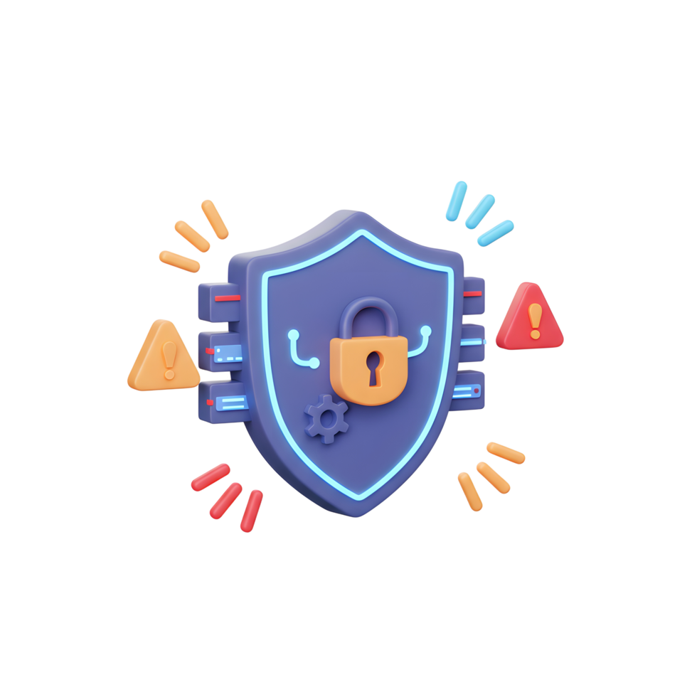 A stylized security shield with padlock and warning signs represents digital safety and protection in a modern design. It can be used for illustrating cybersecurity and data protection. png