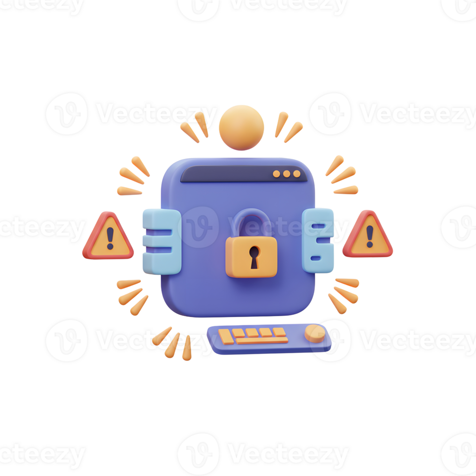 A stylized computer screen with a padlock signifies secure access, while warning signs highlight potential threats, making it suitable for illustrating data protection measures. png