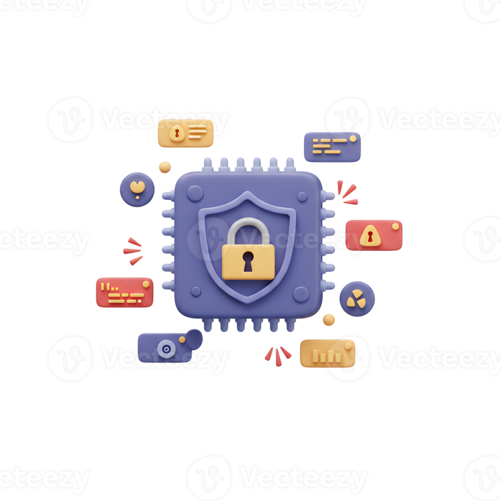 A stylized illustration featuring a CPU with a shield and padlock emphasizes cyber security for protecting digital information. png