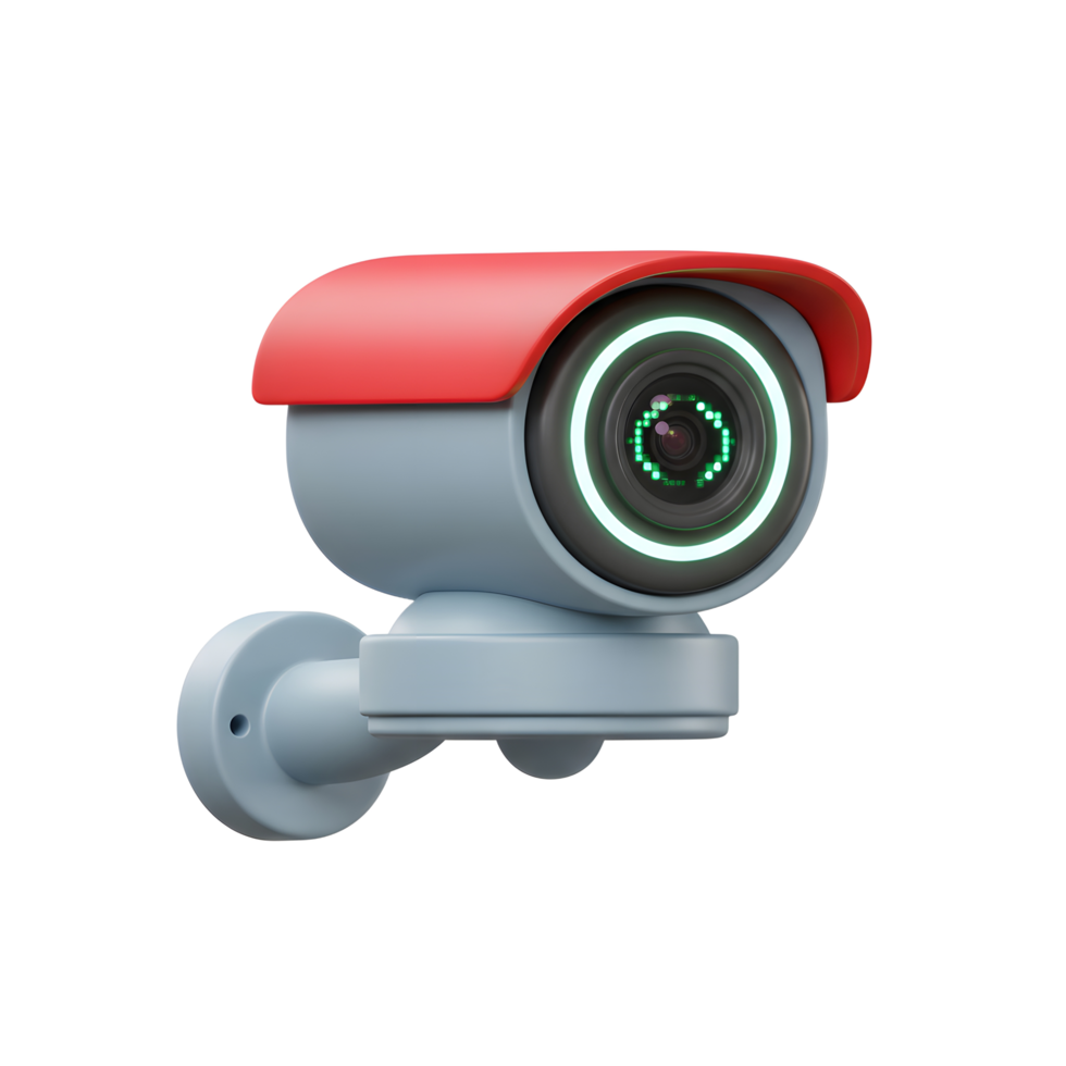 A 3D rendered security camera with a red top and glowing light is mounted to a wall, providing visual surveillance. png