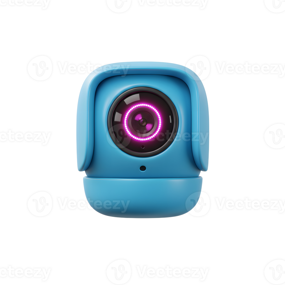 A small blue camera features a pink light ring around the lens, presenting a modern design for home security or monitoring purposes. png