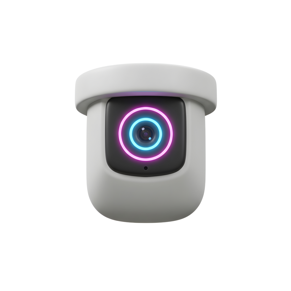 A white security camera features a black face with neon pink and blue lights, often used for home or business surveillance. png