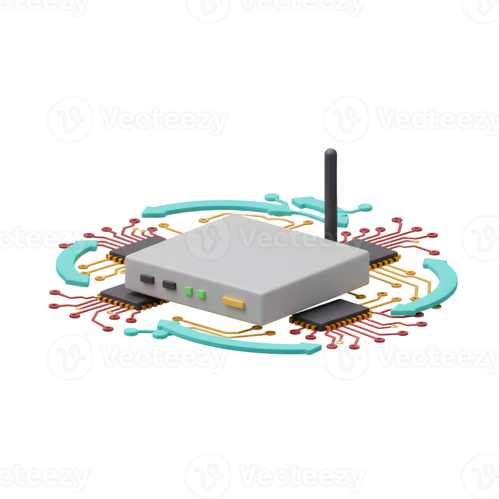 A router is surrounded by circuit boards and a turquoise arrow in a digital art style indicating connectivity for internet access. png