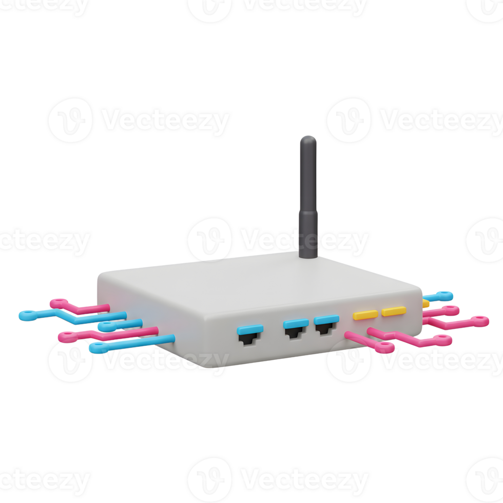 A white wireless router with a grey antenna and pink and blue cables is displayed, used for internet connection. png