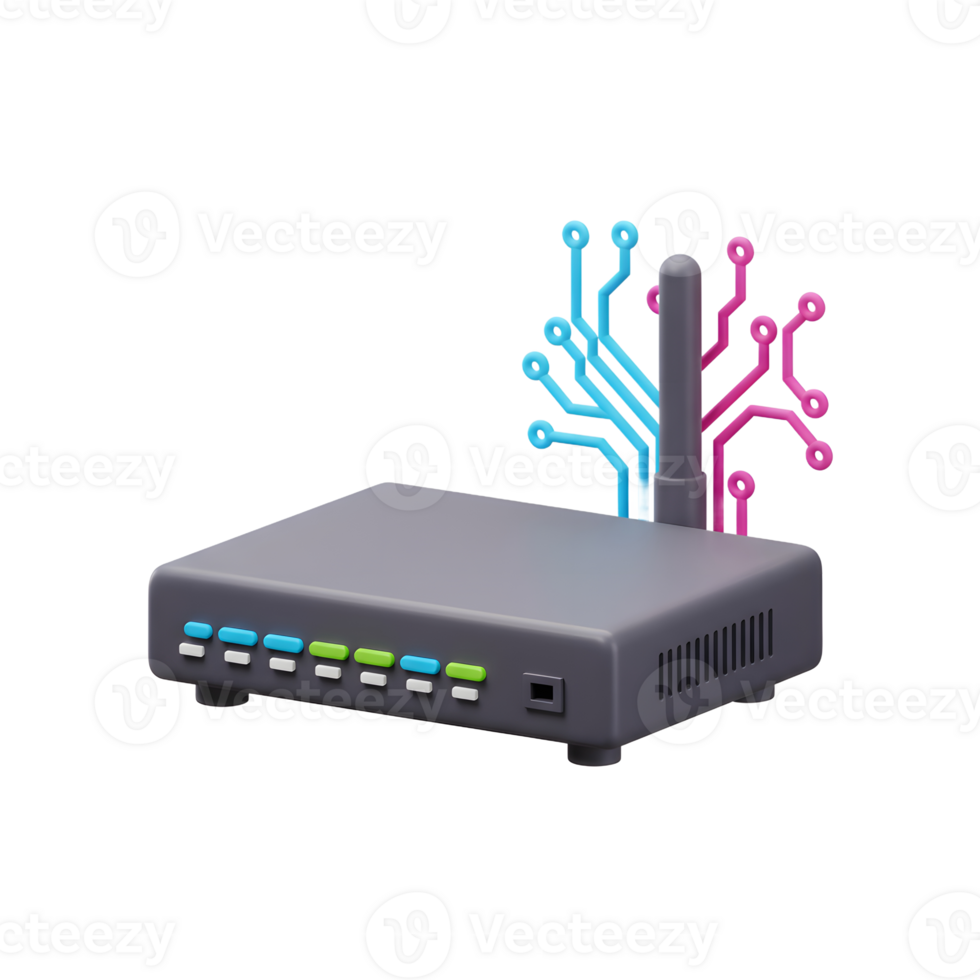 A wireless router is displayed with blue and pink network line decorations to represent communication, for home networking. png
