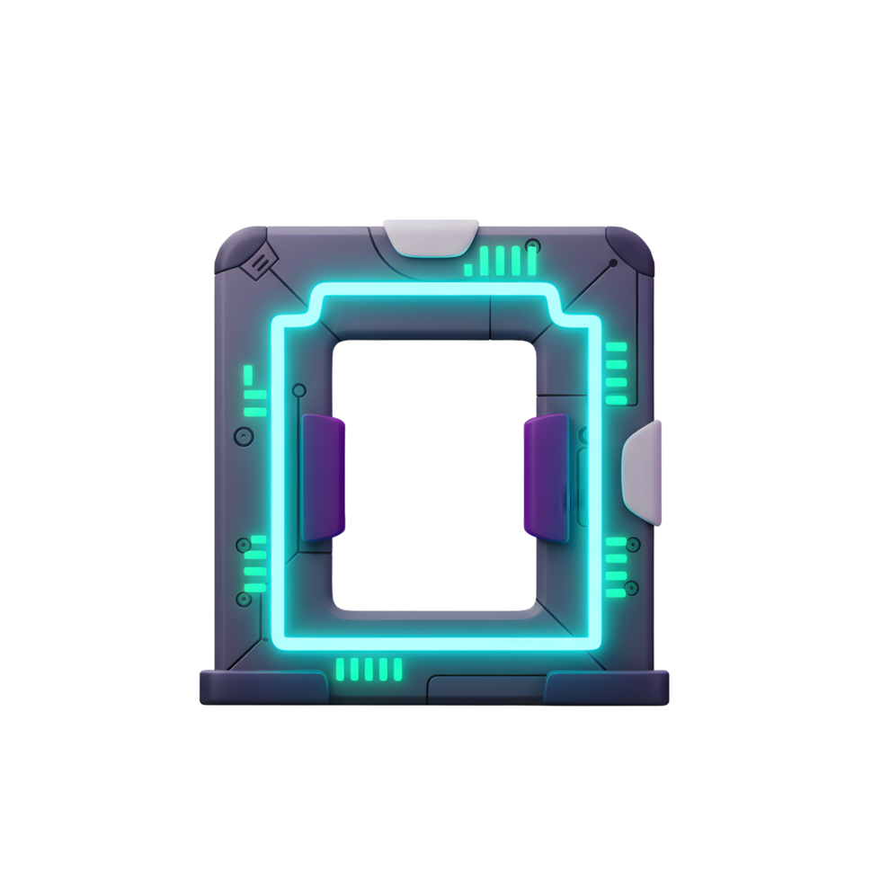 A futuristic portal with a neon blue frame and purple accents is seen, which can be used in science fiction settings. png