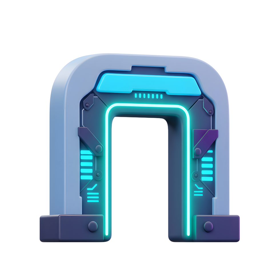 A 3D rendering depicts a sleek, futuristic portal with vibrant neon blue lights and technological design elements, showcasing a modern entrance or gateway for various digital purposes. png