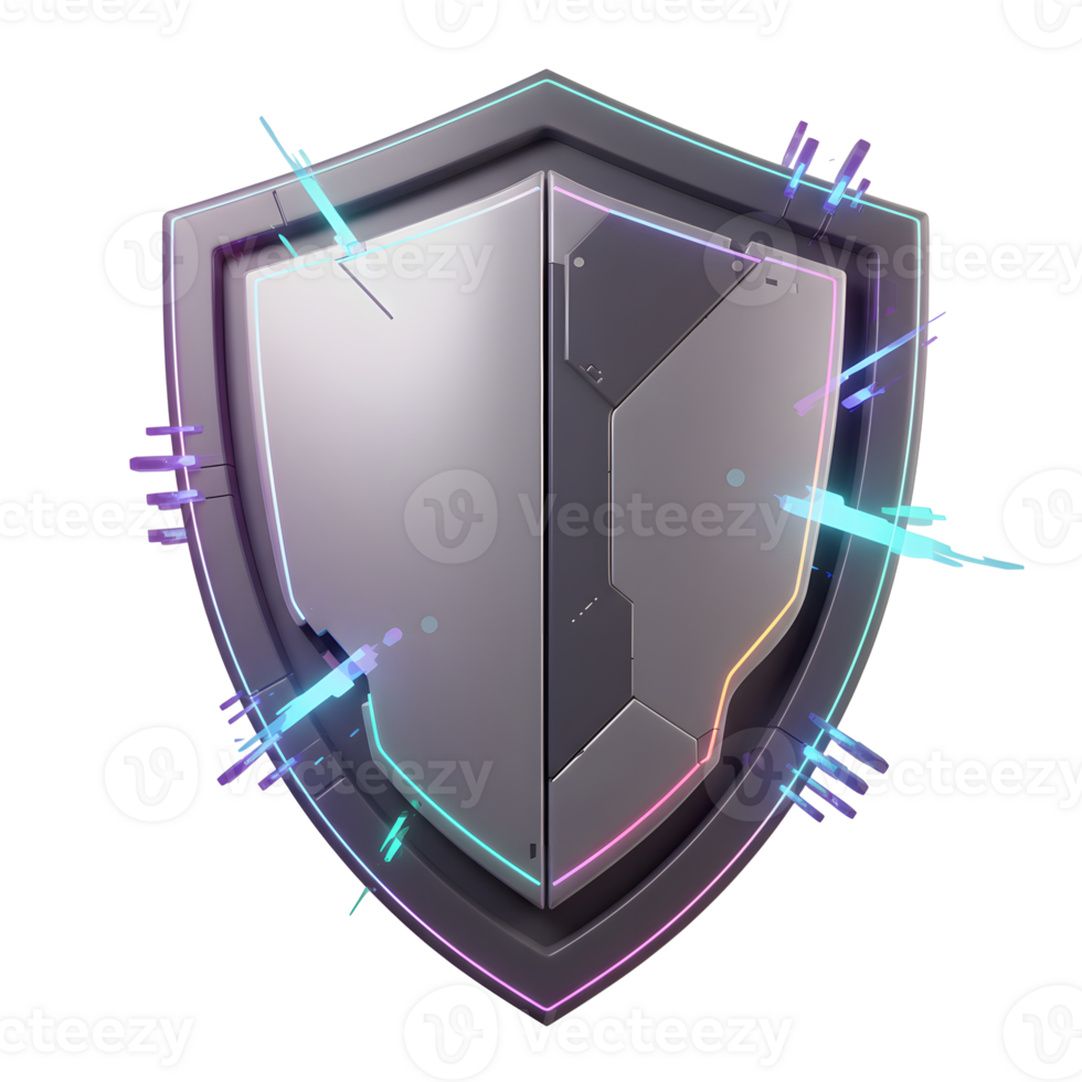 A gray, futuristic looking shield with neon blue and purple accents provides a sense of modern defense for graphic design or gaming concepts. png