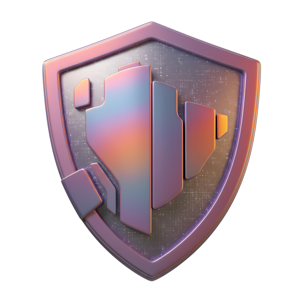 A metallic shield features an abstract, geometric symbol with a gradient finish, possibly for use as an icon or logo element. png