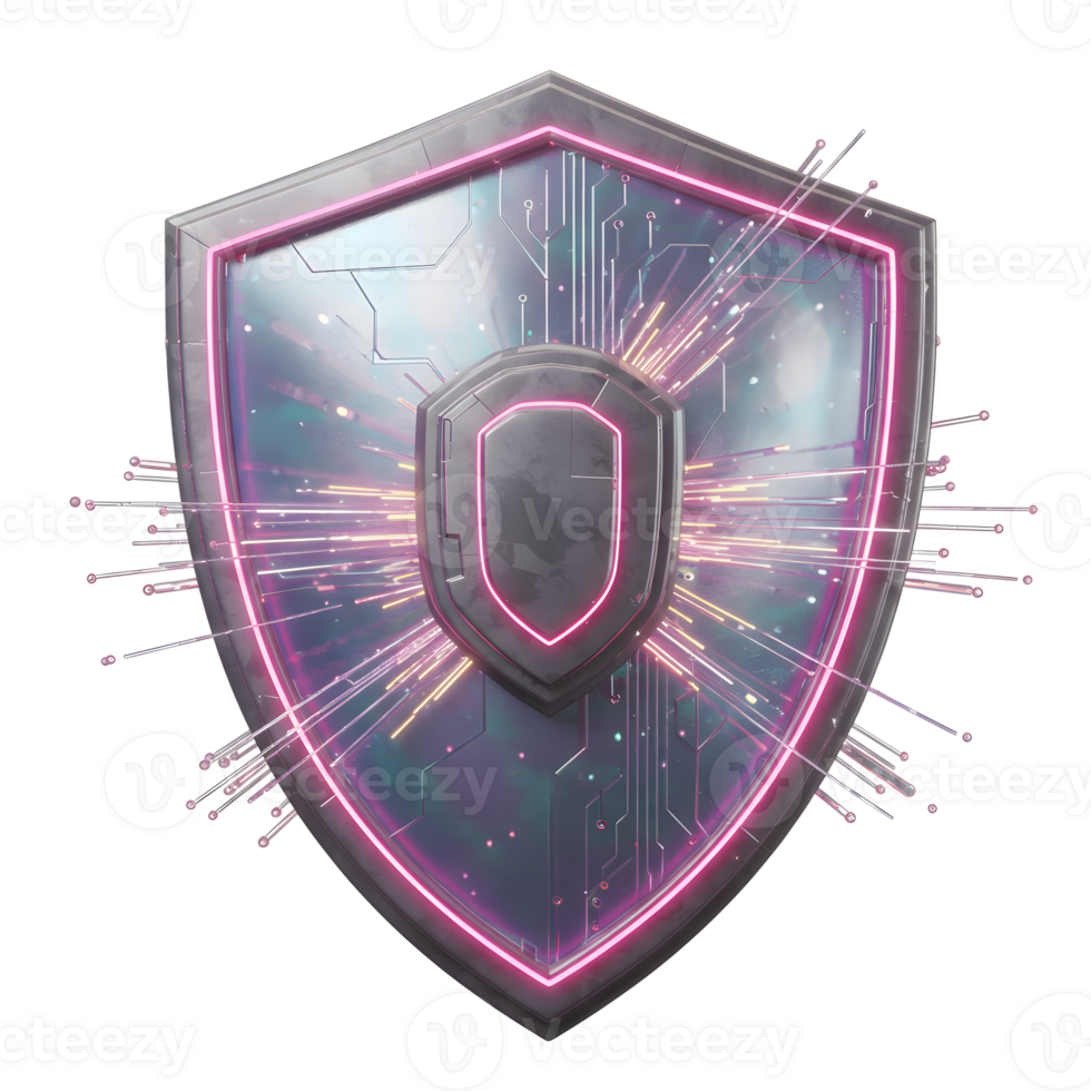 A shield with circuits and neon light emitting rays evokes a sense of security and technology, which is suitable for use in digital security and technological contexts. png