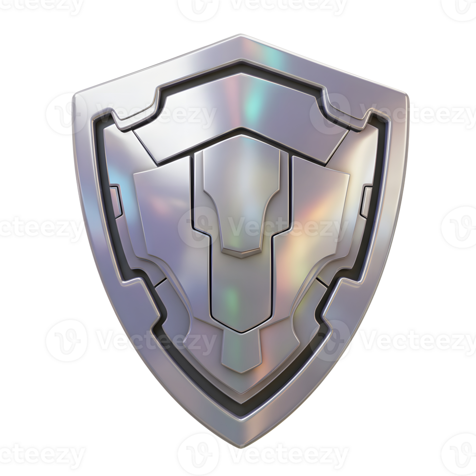 A shiny, silver shield is shown in this 3D rendering, and it can be used for protection or security concepts. png