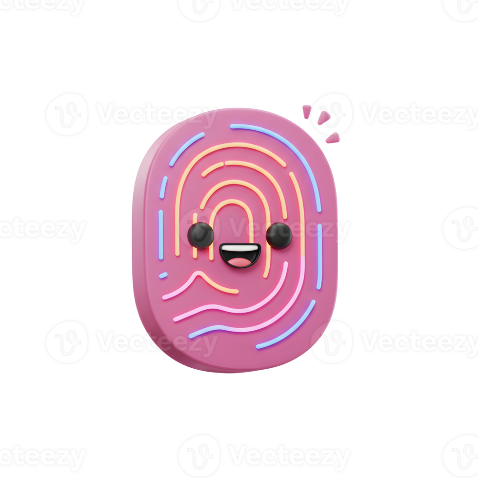 A pink fingerprint graphic with a smiling face is shown as a colorful digital icon. png