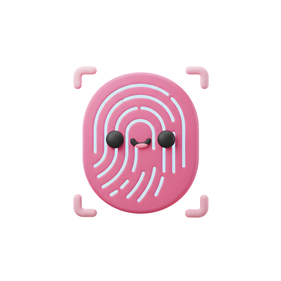 A cute pink fingerprint scan with a face is displayed, perfect for using in illustrations related to security and biometrics. png