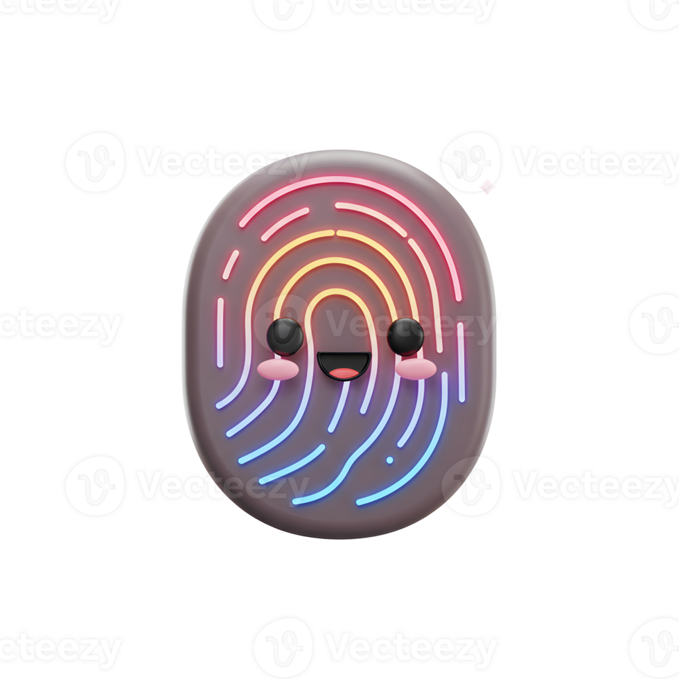 A fingerprint cartoon character smiles with a happy face, its ridges glowing in vibrant colors, ideal for illustrating security or technology concepts. png
