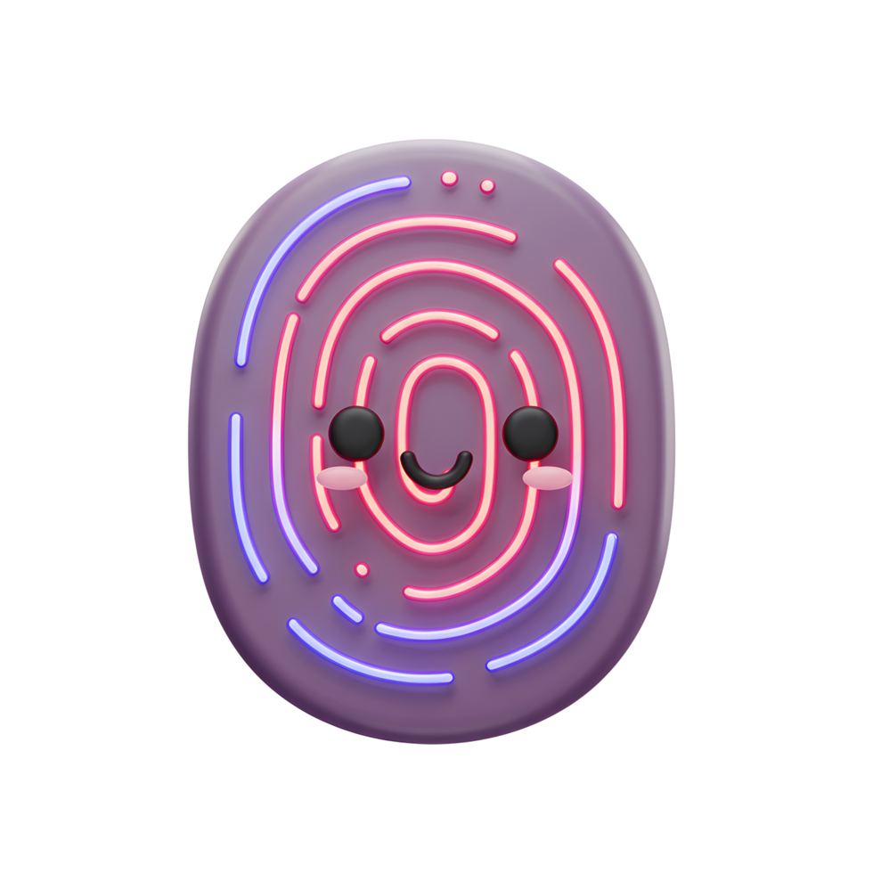A cartoon fingerprint design features a smiling face and neon lines to provide a fun and modern security symbol. png