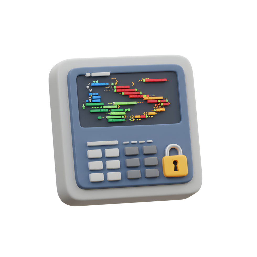 A 3D rendered secure data terminal with colorful code is shown with a yellow lock in the corner, suggesting the data displayed is securely protected. png
