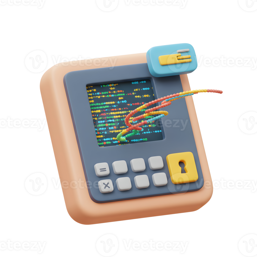 A playful, cartoon computer with colorful code strings emerging from the screen is shown, likely representing digital security or software development. png
