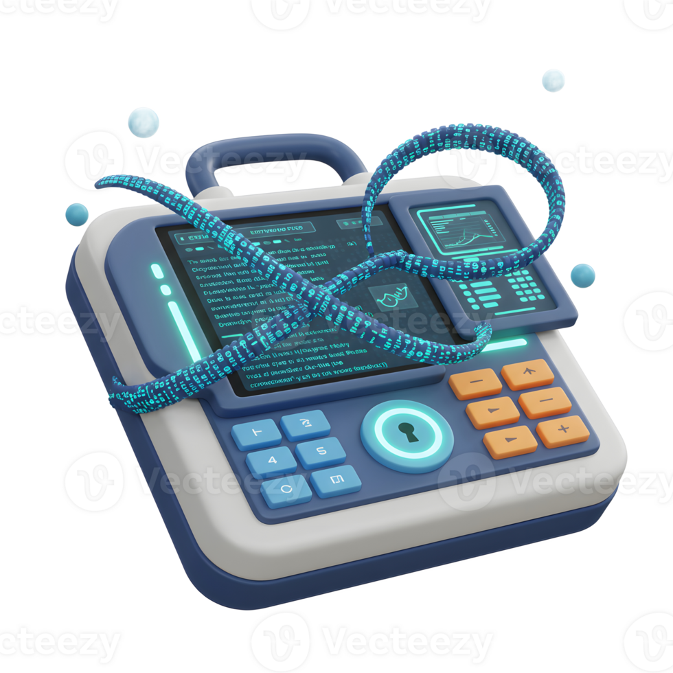 A futuristic device with a screen and keypad is wrapped by a snake made of binary code, suggesting advanced technology or cybersecurity applications. png
