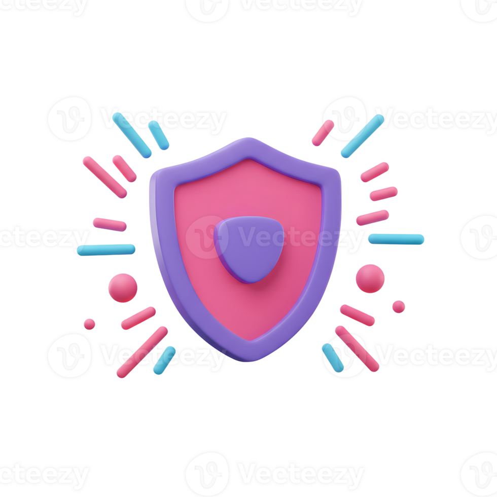 This 3D shield with pink, blue, and purple accents evokes a sense of security and protection, making it suitable for cybersecurity related content. png