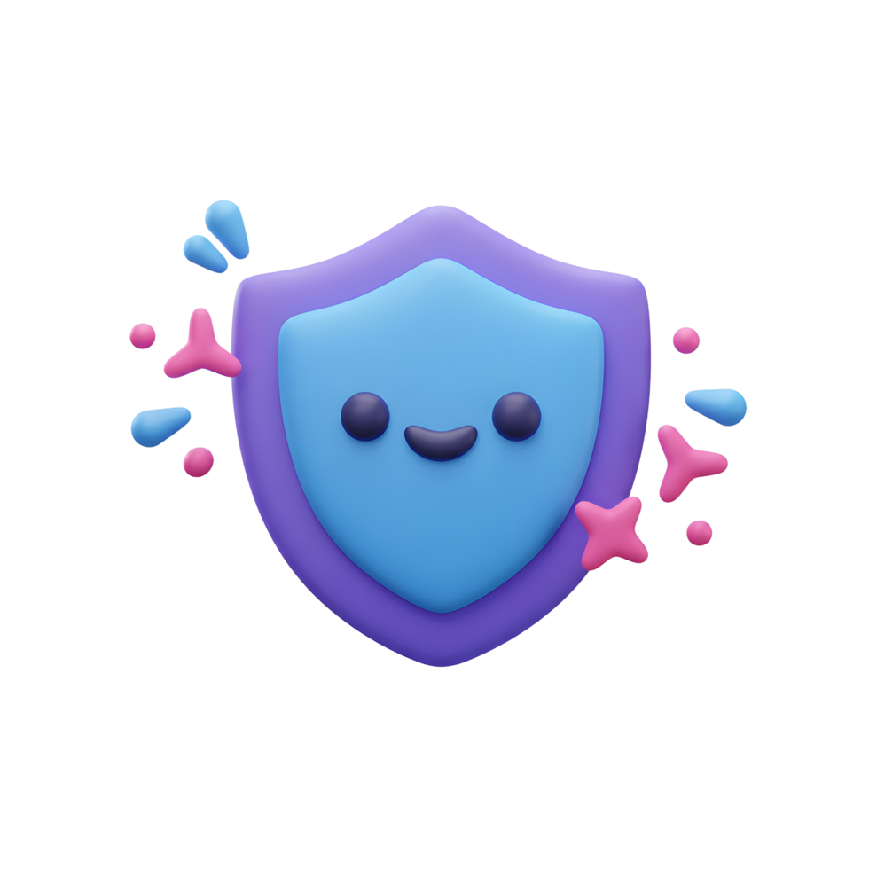 Cute cartoon shield with a face has sparkles around it, symbolizing security and protection for online use. png