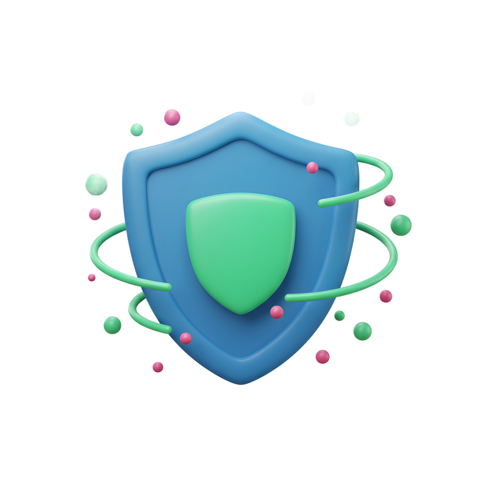 A blue shield with a green shield inside and surrounded by green and pink spheres with green loops indicates security, protection, and reliability for various applications. png