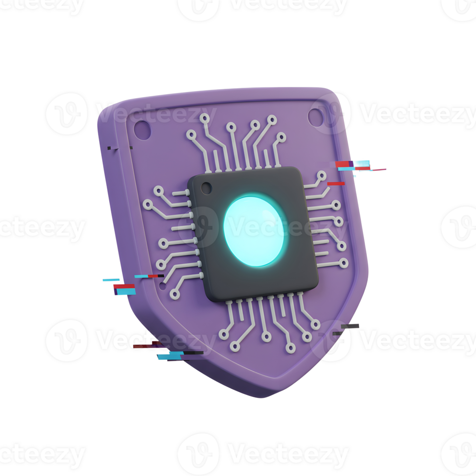 A computer chip is placed on a shield with digital glitches, symbolizing security and protection against cyber attacks or data breaches for online safety. png