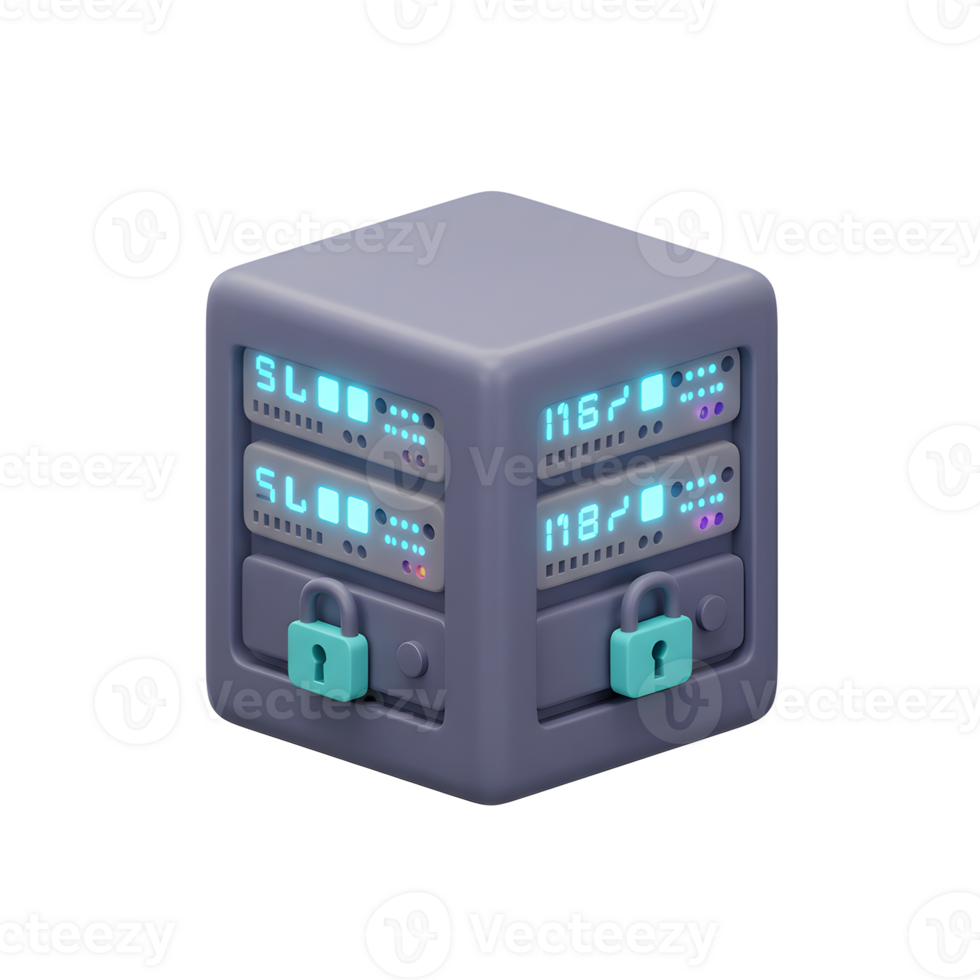 A gray server with glowing blue displays and teal padlocks represents secure data and is often used to visualize computer networks. png