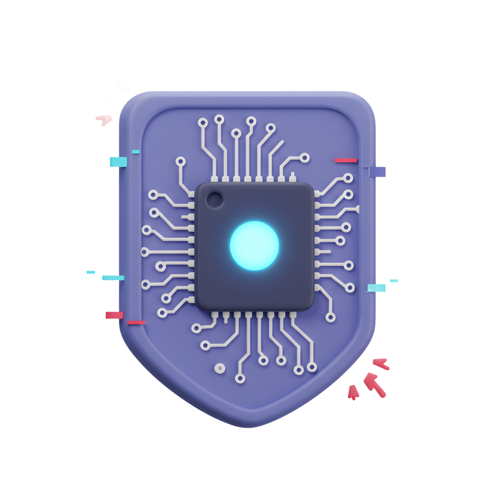 A central processing unit on a shield with glitch elements suggests security measures for protecting hardware and software systems. png