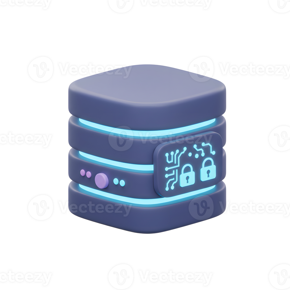 A 3D render shows a data server with security lock icons indicating it is used for secure information storage. png